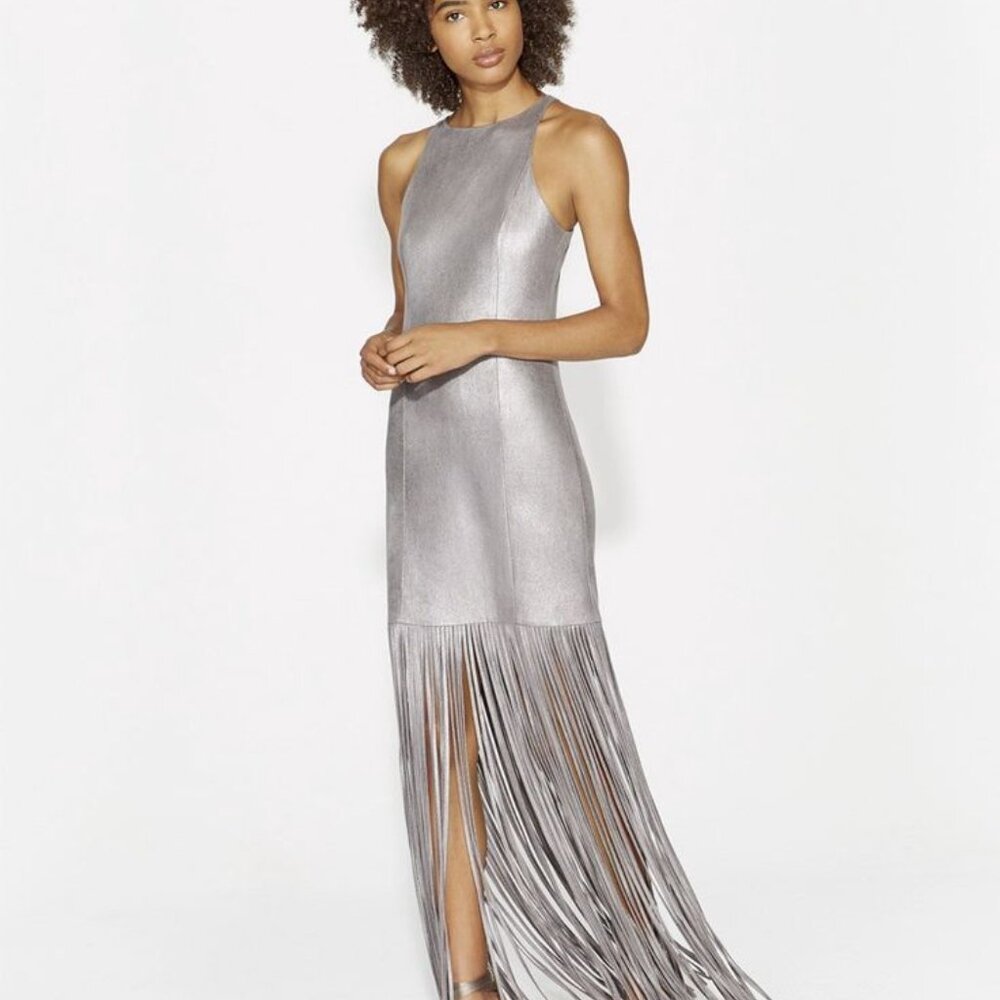 Halston Heritage Gunmetal Fringe Dress Gown, Grey/Silver/Metallic